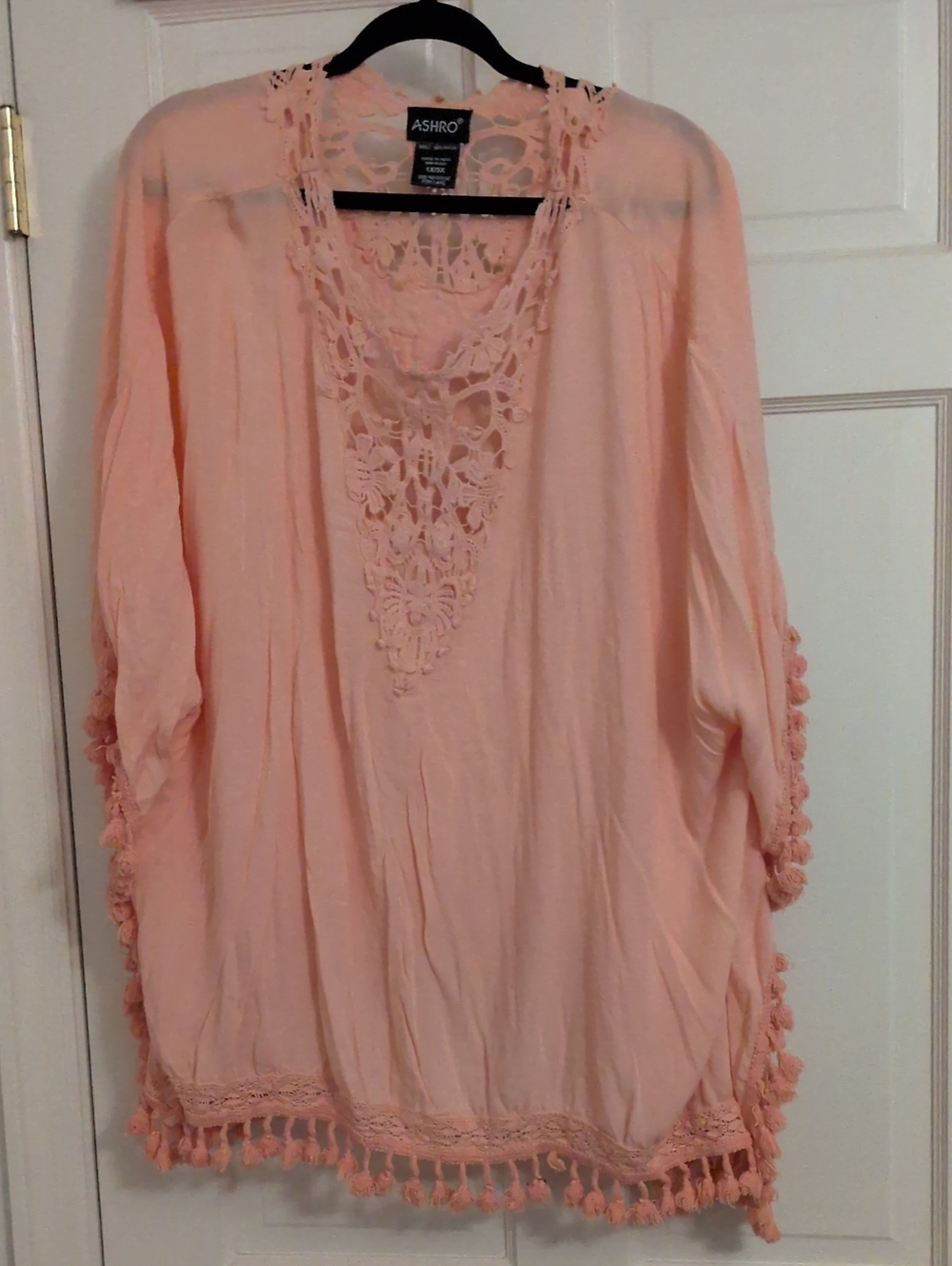 Ashro Peach Crochet-Trim Pom-Pom Tunic